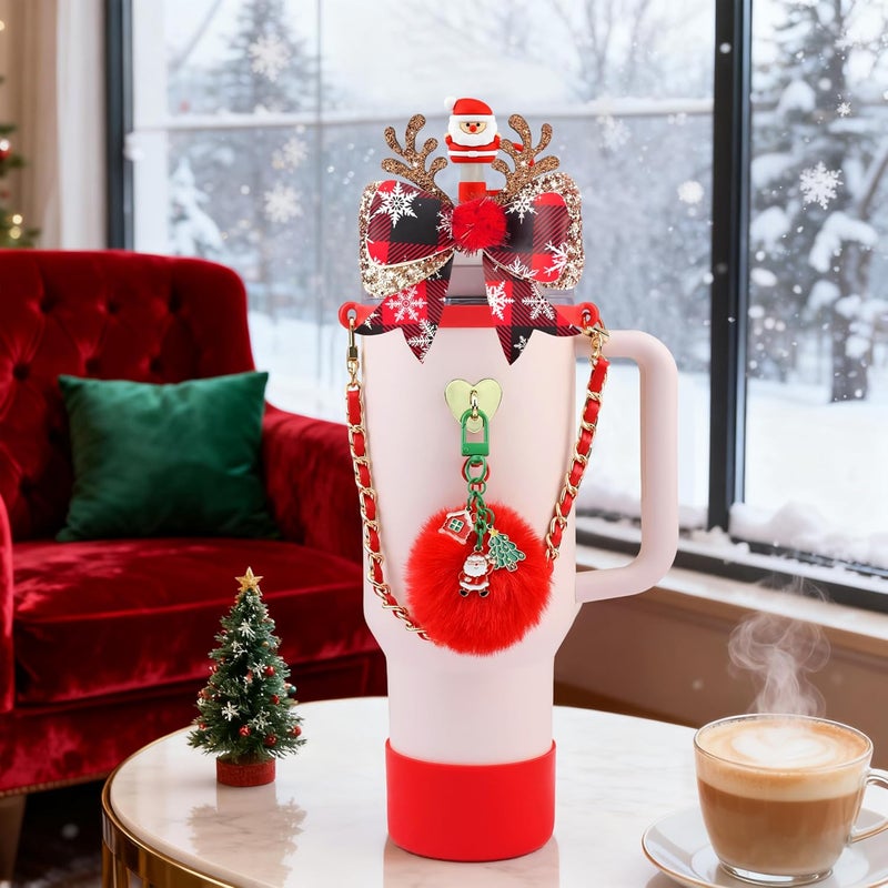 SEMATA Christmas Accessories for Stanley Cup 40oz & 30oz Tumbler Including Silicone Cute Santa Claus Straw Topper Cover, Cup Boot,Leather Water Bottle Handle Strap, Charms(Red Green) - Image 4